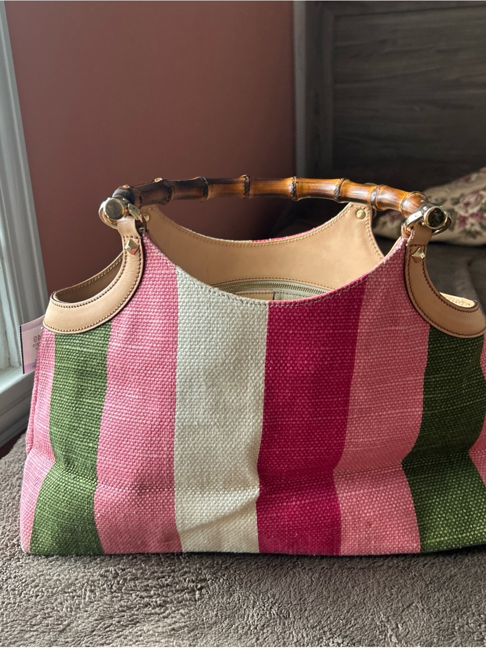 Vintage GUCCI Striped Pink & Green Bamboo-Handle Women's Handbag - Picture 3 of 6